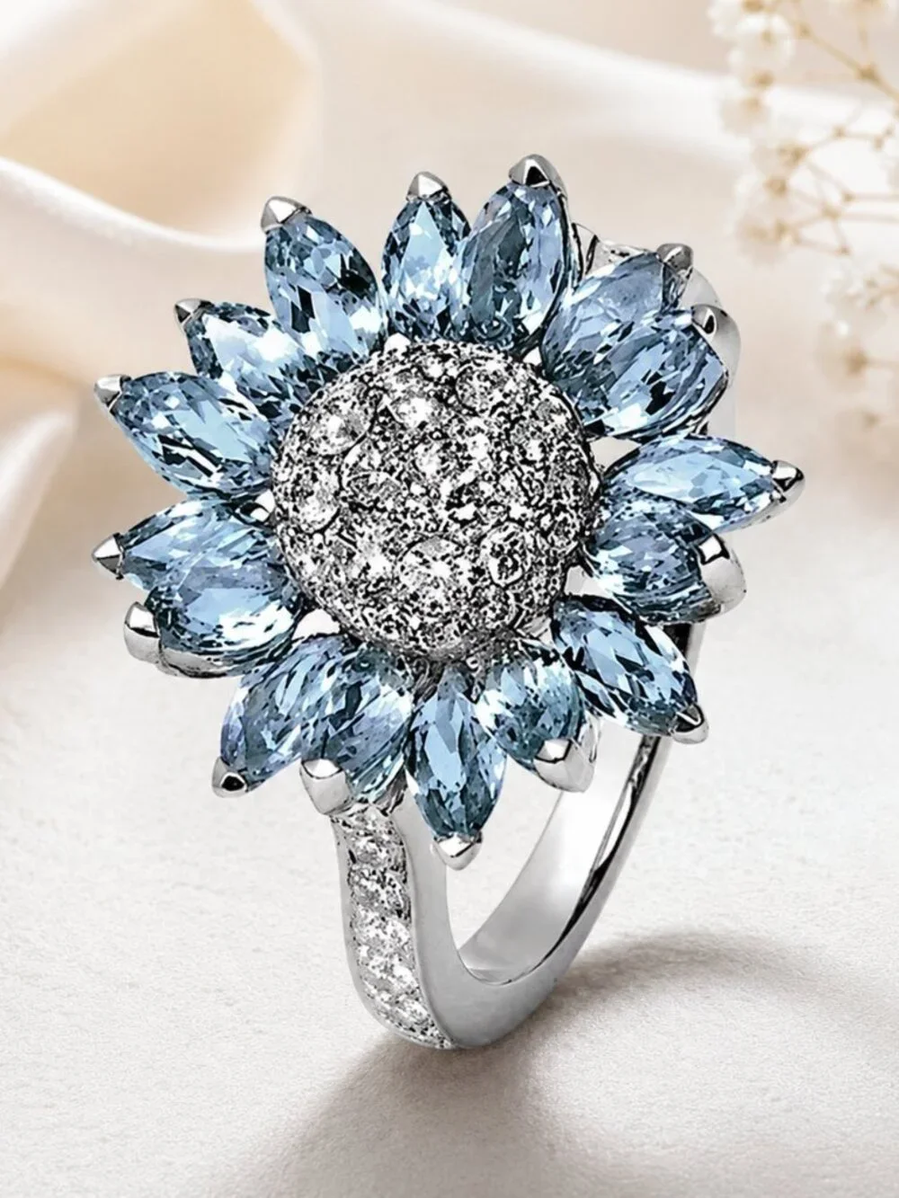 Sunflower Statement Ring Blue CZ Crystal Petals Silver Tone Size 6 NWT
